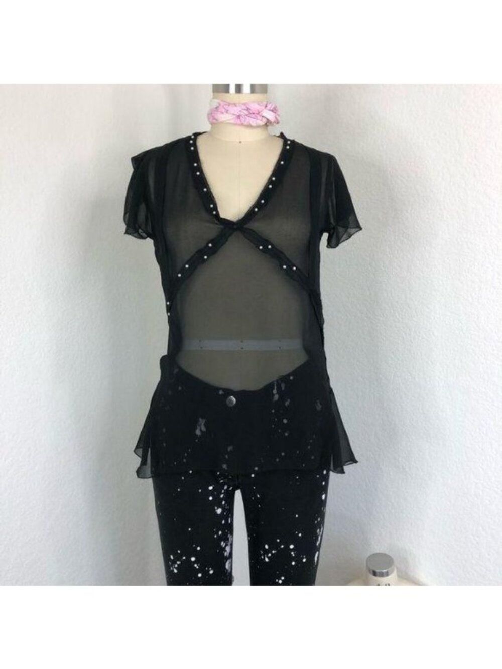 Zara Sheer Flutter Sleeve Pearl V Neck Bustier Blo